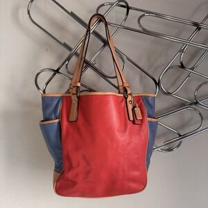 Coach Park Tote Bag Smooth Leather Coral Blue White F23683 Color Block